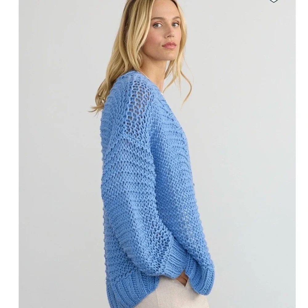 Margaret O'Leary Blue Chunky Cotton Open Knit Cardigan Sweater Oversized